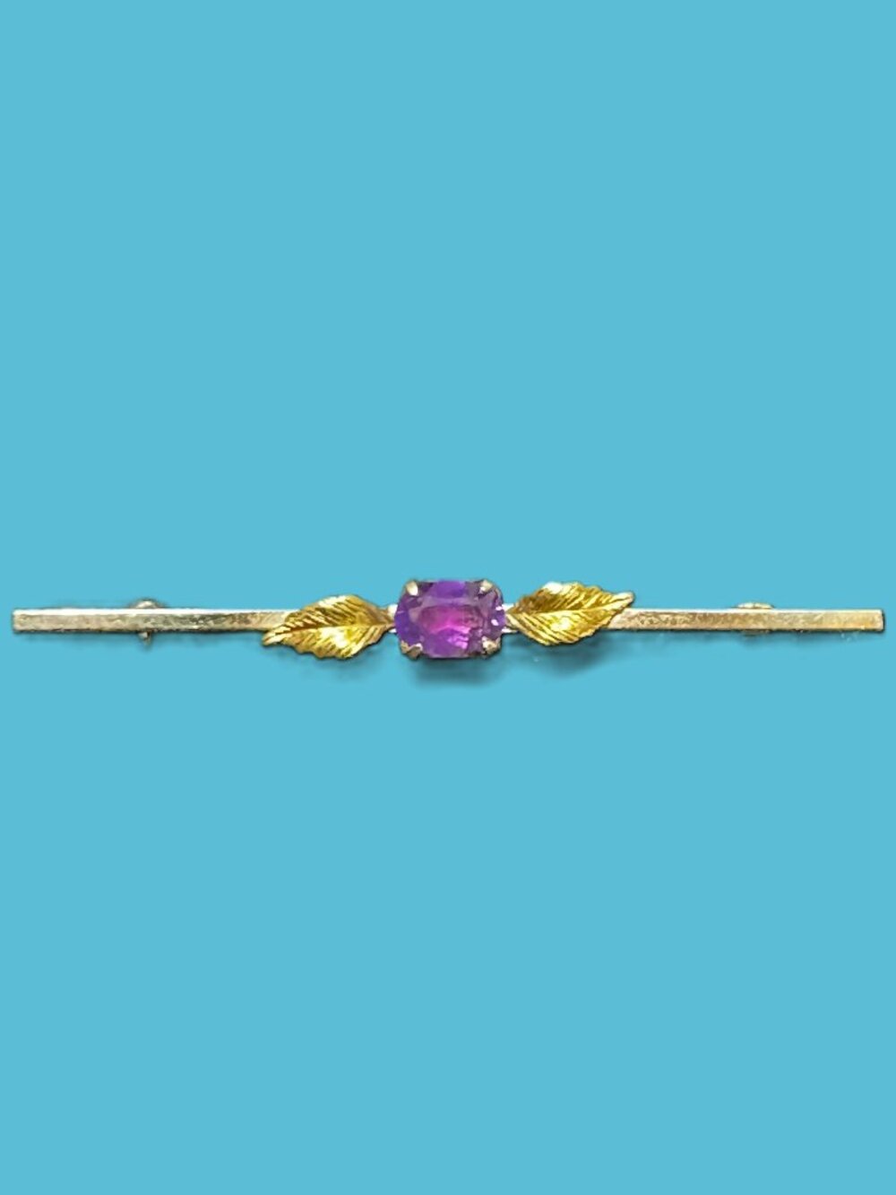 Krementz Art Nouveau Amethyst Gemstone Leaf Bar Pin Brooch, Vintage Circa 1960s